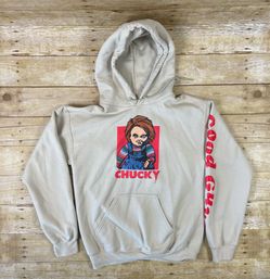 Chucky Hoodie Mens Small Tan Beige Pullover Graphic Print Good Guys Logo Graphic