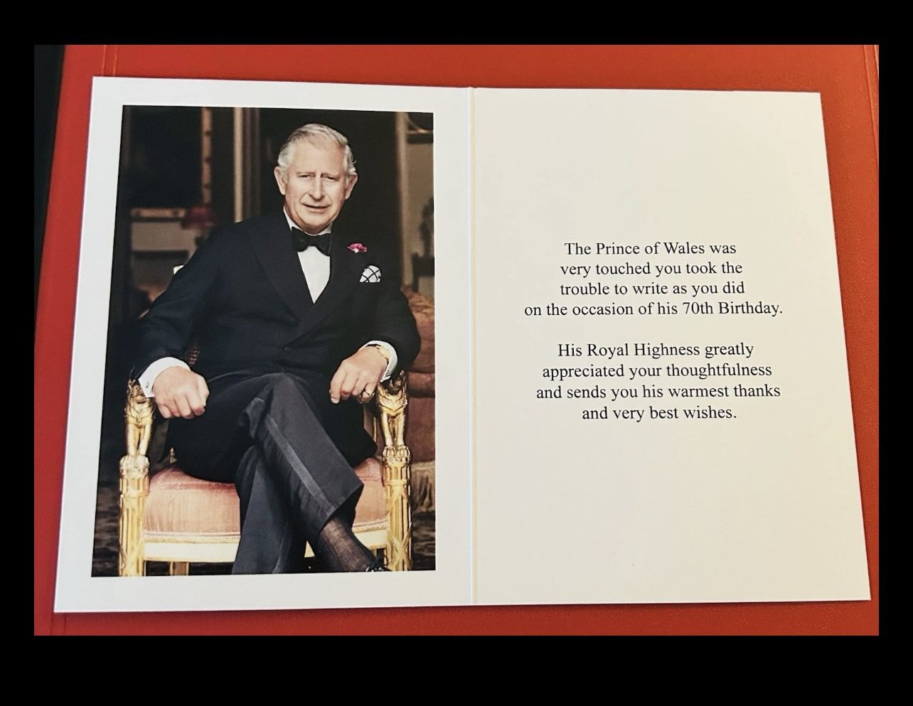 Prince Charles thank you card For Best Wishes following his 70th birthday