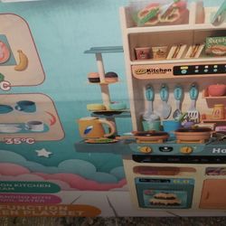 93PCS Kids Kitchen Playset,Play Kitchen Toy with Realistic Lights & Sounds,Pretend Steam,Play Sink & Oven,Color Changing Play Food,Menu Board & Other 