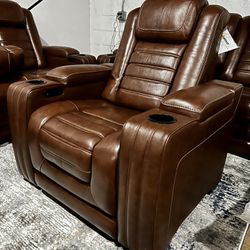 New Luxury Leather Chair With Power Recliner, Heater, And Massage 50% Off Retail