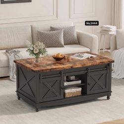 48" Farmhouse Lift Top Coffee Table with Storage Sliding Barn Door & Large Hidden Compartment, Coffee Table with Lifting Top with Wooden Lift Tabletop