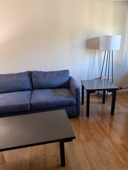 Couch, arm chair, coffee table, 2 end tables and either lamp
