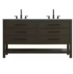 60 in. Double Sink Mocha Brown Bath Vanity with White Engineered Marble Top(faucet not included )