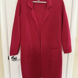 Chico's Sz 2 RED Longline Collared MABEL Open Knit Sweater Duster w/ Pockets EXC