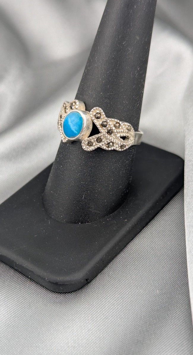925 STERLING SILVER Simulated Turquoise Marcasite Ring SIZE 8.5