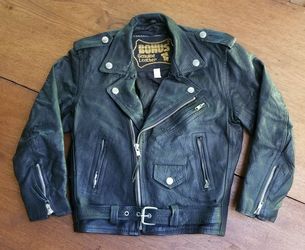 Vintage Black Genuine Leather Biker Child's Jacket - Size L