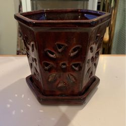 Premium Ceramic Orchid Pot/Saucer - Oxblood Red