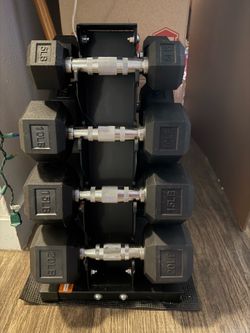 Rubber-coated hex dummbell set with rack