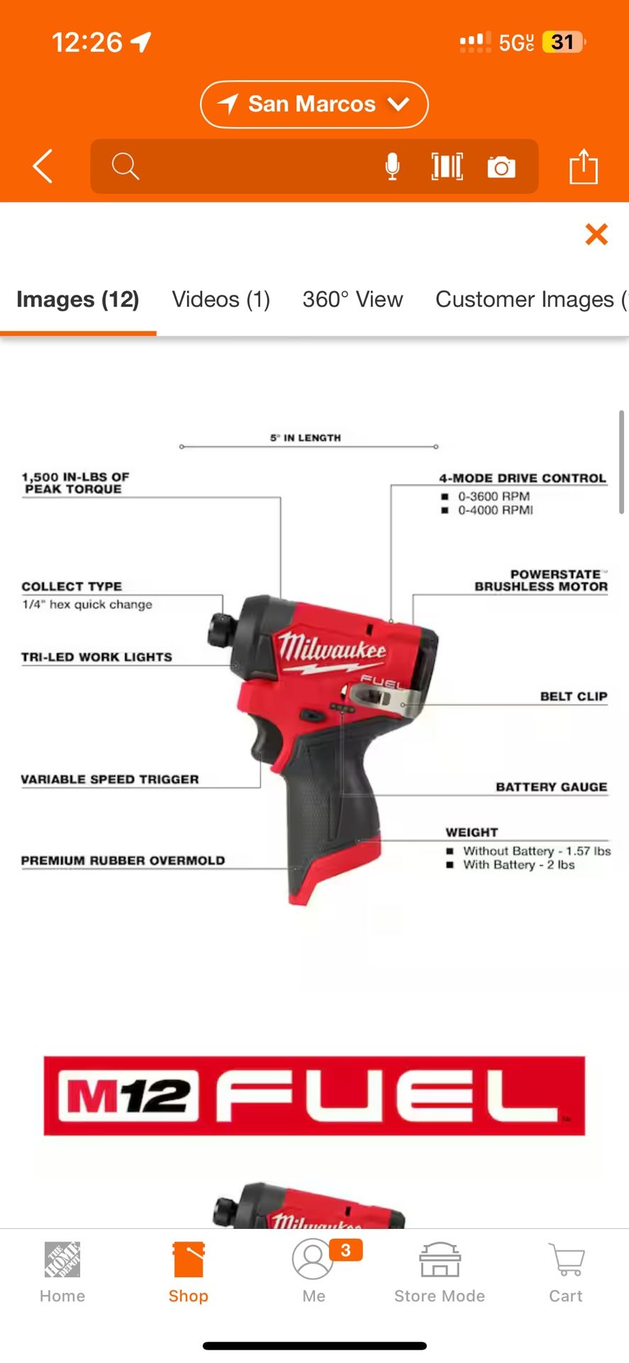 Milwaukee M12 Fuel 1/4” Impact