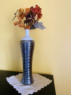 Stunning Tall Glass Silver And White Vase