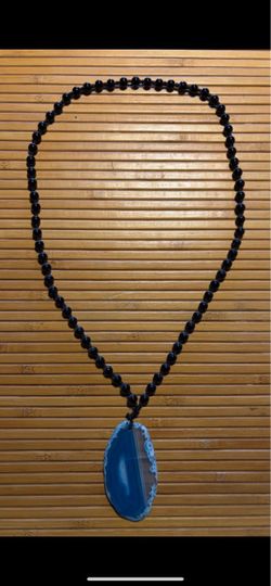 Black Beaded Necklace with Large Blue Stone Pendant - Boho Statement Jewelry