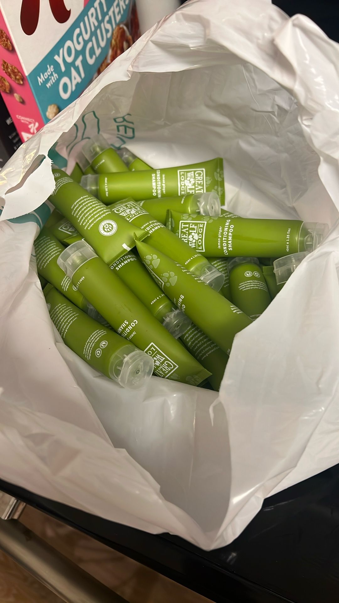 Bag of great Wolf Lodge, shampoo, and conditioning bottles