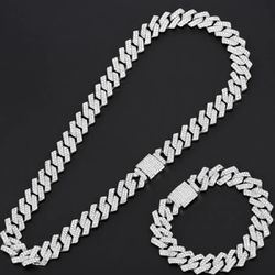 16mm Hip Hop Miami Cuban Link Chain Set Necklace +Bracelet Creative Iced Out Shiny Trendy Stylish Jewelry For Women Men