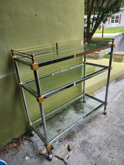 Vintage Brass and Chrome Rolling Bar Cart, 3-Tiered Glass Shelves