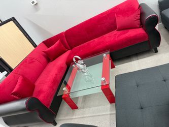 Red Velvet & Black Leather Sectional Sofa ❤️❤️❤️