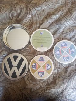 Volkswagon Tin Table Coaster holder with 3 collector coasters.