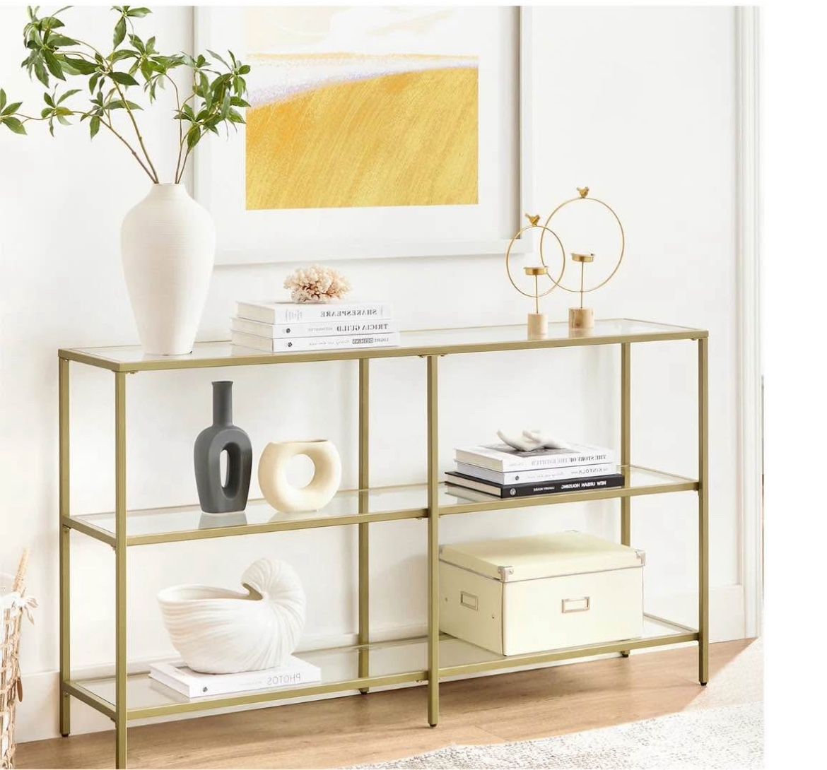 VASAGLE 51.2" Console Sofa Entry Table with 3 Shelves Metal Frame Tempered Glass Shelf Modern Style for Entryway Living Room Bedroom Gold