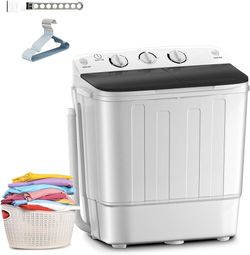 Portable Mini Twin Tub 18lbs Washing Machine With Spinner 11lbs Washer & 7lbs Spinner with Drying Rack, 10 Hangers, Small Laundry Washer with Time Con