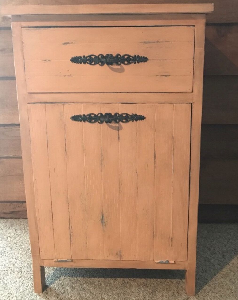Hand painted wood cabinet with hamper and drawer