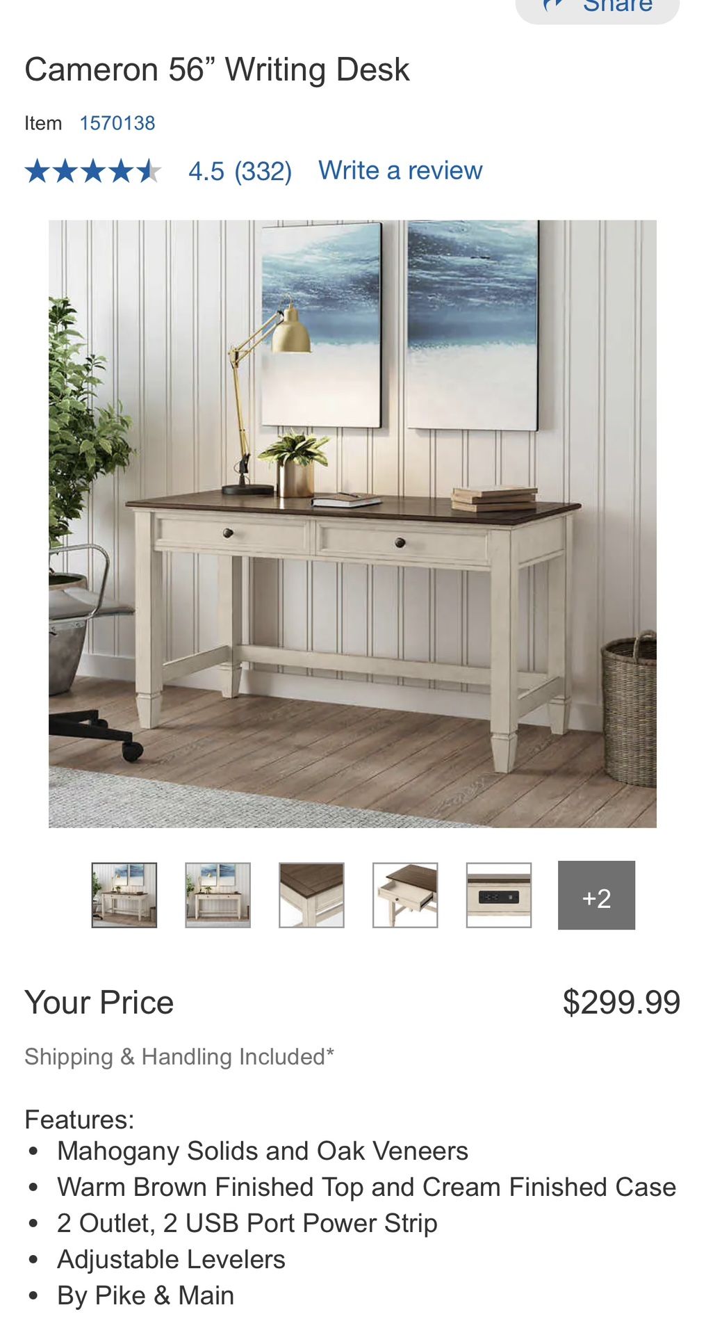 Pike & Main Cameron Writing Desk New Costco