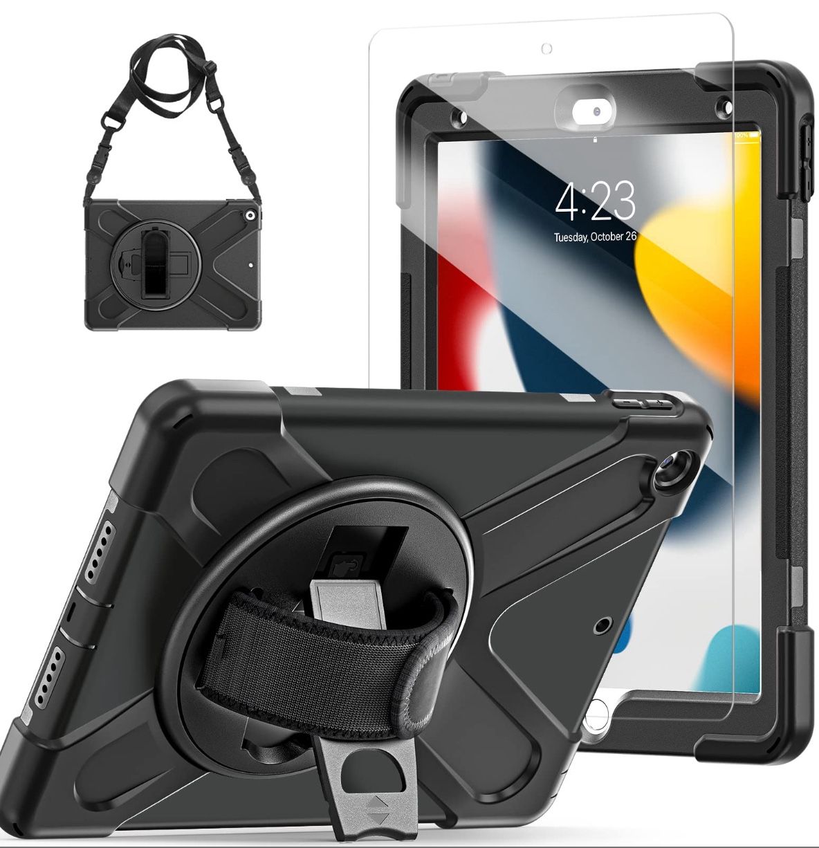 IPad Case 9th/8th/7th Generation With Screen Protector For Kids | Military Grade Shockproof Protective With Stand Hand Shoulder Strap Cover For IPad 9