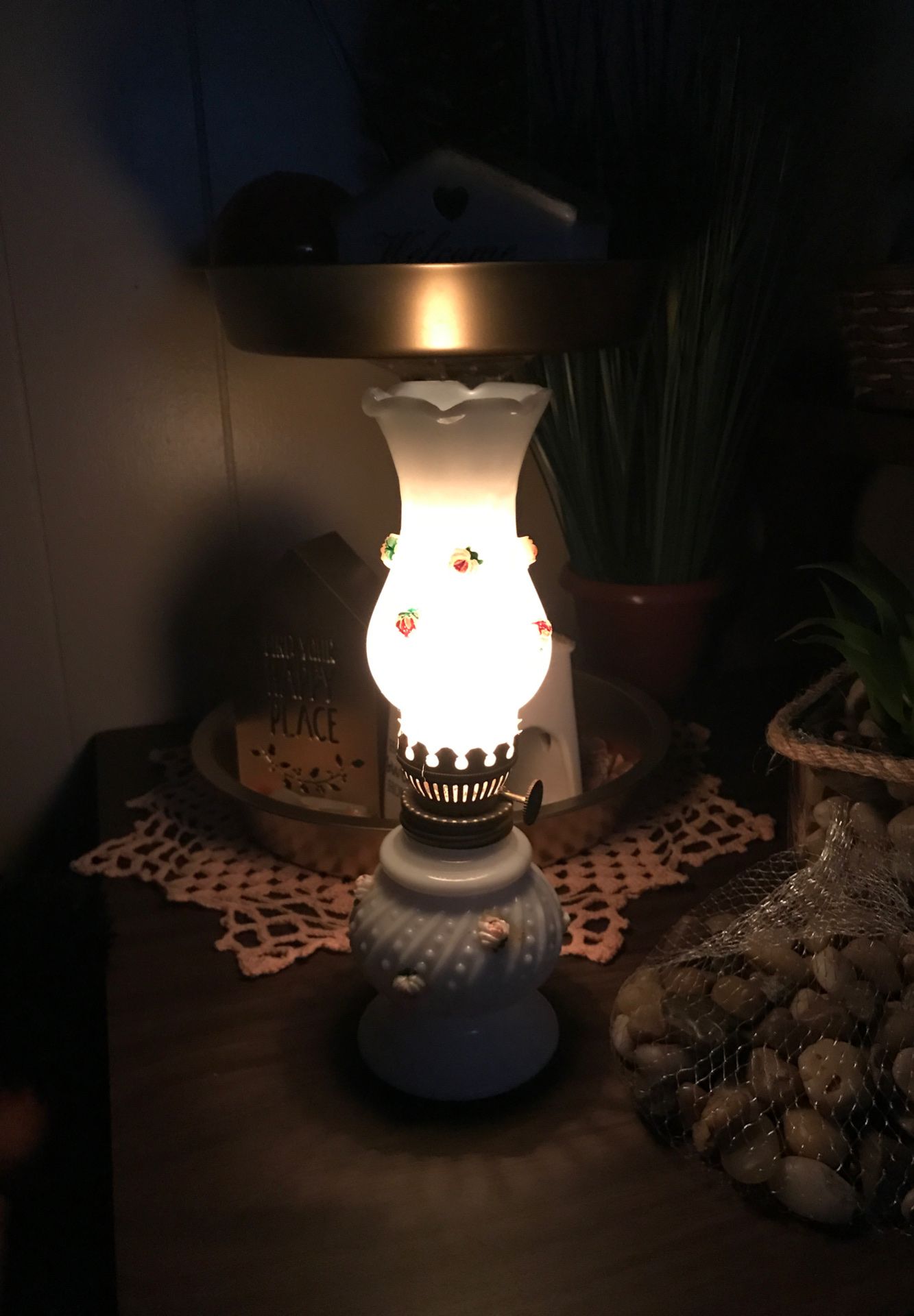 Vintage White Glass Hobnail Oil Lamp