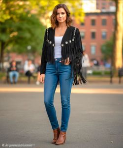 Free People Lights Out Embellished Suede Cape Black Western Inspired Fringe
