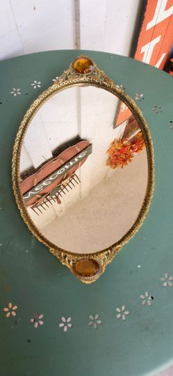 Beautiful Vintage Mirrored Vanity Tray w/ Large Amber Colored Jewels in the Handle!
