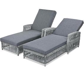 Assembled New Outdoor Rattan Chaise Lounge Set of 2 Wicker Patio Reclining Chairs
