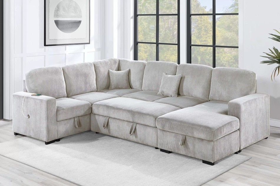 Brand New Light Grey Corduroy Sectional Sofa Storage Sleeper 