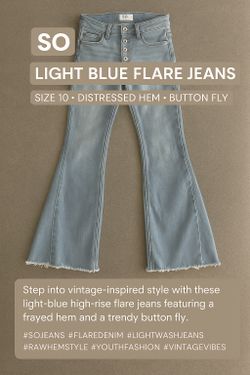SO Light Blue High-Rise Flare Jeans – Size 10 – Distressed Hem, Button Fly