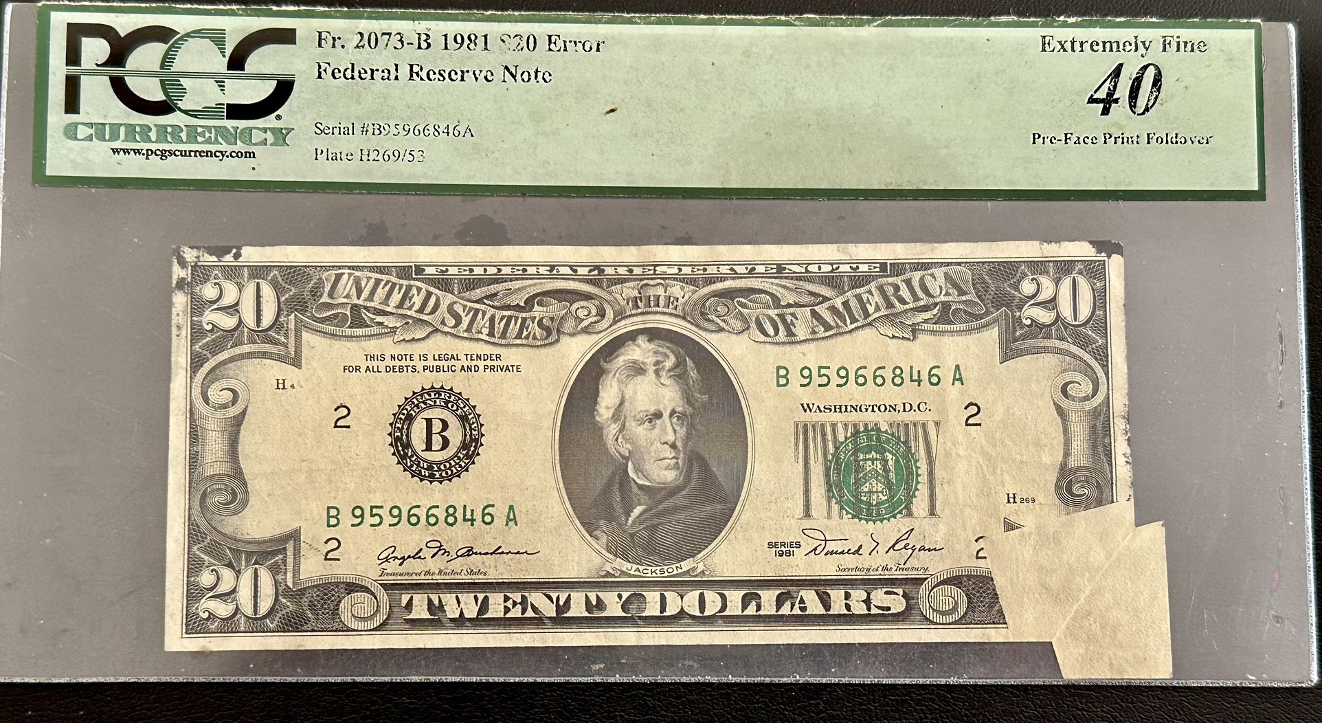 1981 $20  Face Print Fold over Error  Note With BEP INK STAINS
