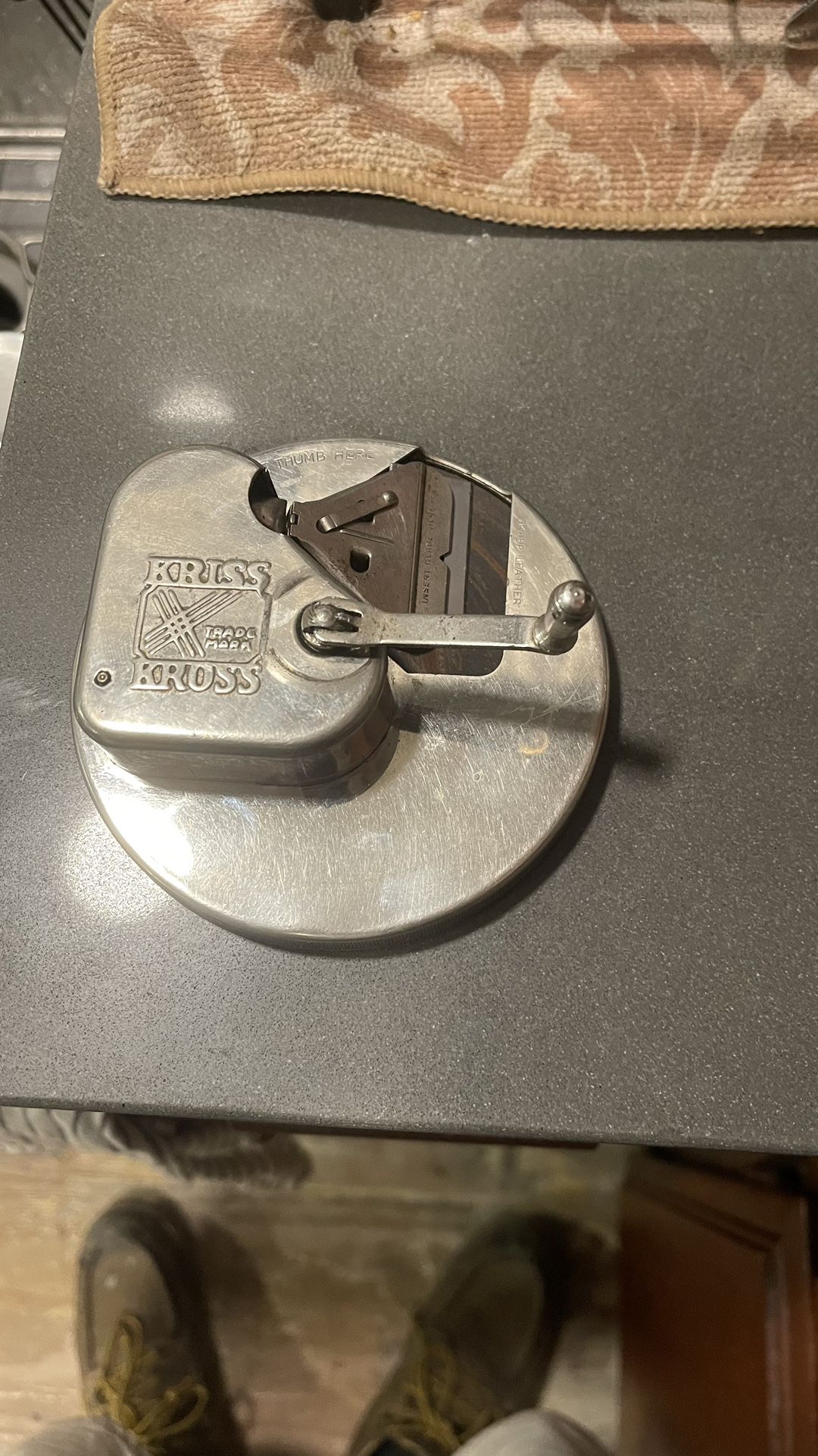 The Mining & Rollo Jamison Museums - Collections Corner: Kriss Kross Razor  Sharpener. This cast metal razor sharpener from the Kriss Kross Corp. is  complete with a hand-crank operated leather belt and