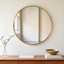WEST ELM Metal Frame Round Wall Mirror Social Share Icon $499 Antique Brass  Framed 48" Mirror: 48"diam. x 1.5"d; 53 lbs. 
