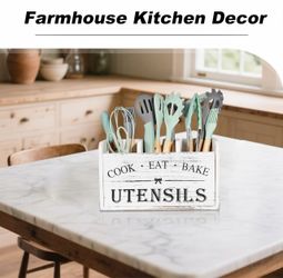 Wooden Kitchen Utensil Holder with 3 Compartments, Utensil Storage Organizer for Kitchen Counter, Farmhouse Decor & Rustic Cooking Tools Storage