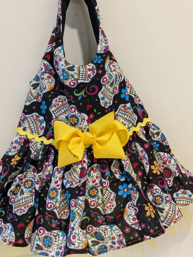 Handmade Halloween Sugar Skulls Dog Dress With Shiny Yellow Tulle Under Skirt