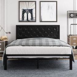 Queen Size Metal Bed Frame with Faux Leather Upholstered Headboard, Black