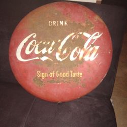 Extremely Rare Vintage Hialeah Florida: 1950's Vintage Coca Cola Button Sign Metal 16" AM128 Sign Of Good Taste