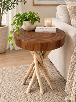 NEW Solid Wood Rustic Pedestal Side Table – Natural Wood Accent Table