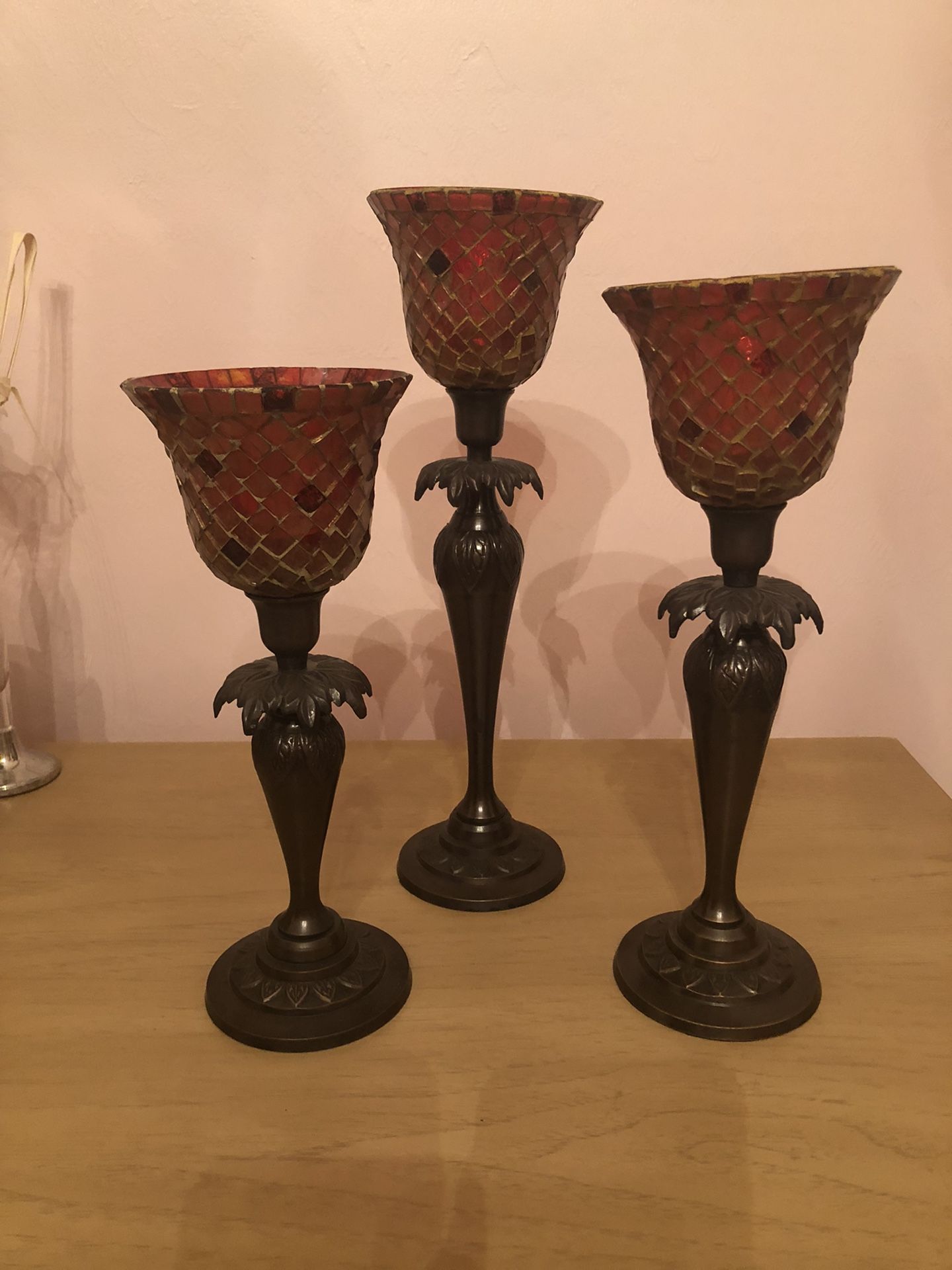VTG SET OF 3 TEALIGHT CANDLE GLASS MOSAIC STANDS/ HOLDERS ARE METAL