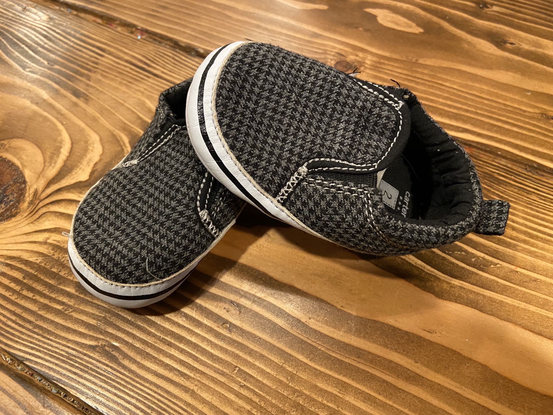 Baby Boy Soft Shoes - size 2 - cute baby boy shoes - brand Carters- black and white Baby Boy shoes