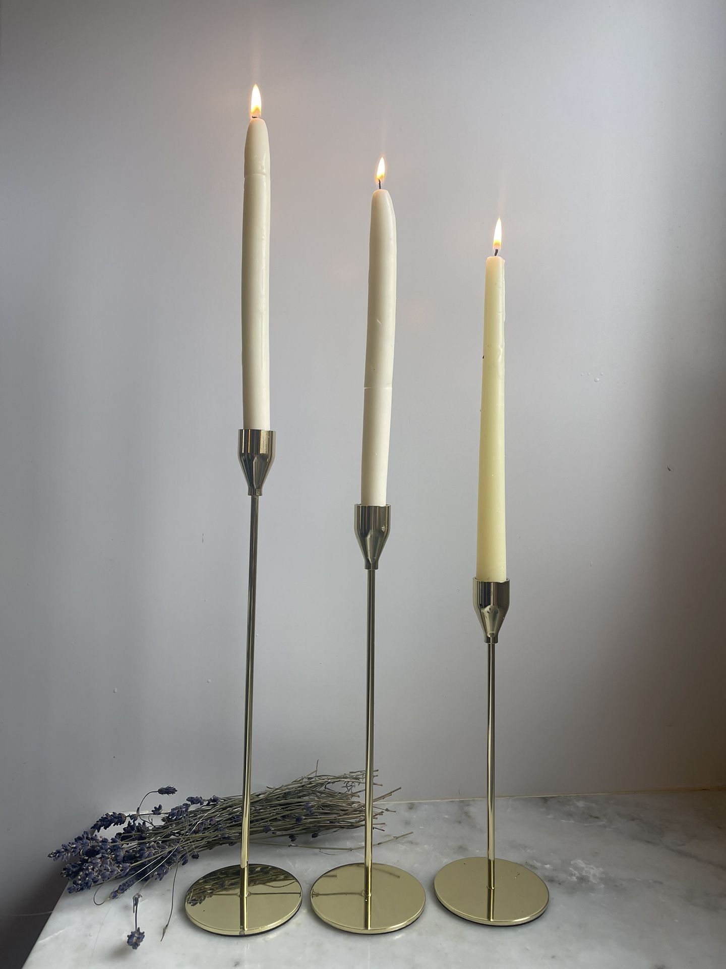 Set of 3 Gold Colored Tapered Candle Stick Holders, Home Decor