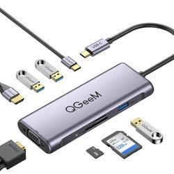 USB C Hub, QGeeM 8 in 1 USB Type-C Hub Adapter Dual Monitor Docking Station with 4K HDMI, 1080P VGA, 87W Power Delivery, 3 USB 3.0 Ports, TF&SD Card