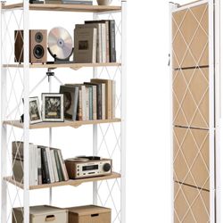 5-Tier Vintage Industrial Bookshelf - No Assembly Folding Storage Shelf with Woodgrain Finish | Collapsible Metal Bookcase for Living Room, Office & B