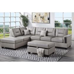 Gray Faux Leather Sectional Sofa With Ottoman 