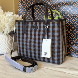 Tory Burch Blake Plaid Small Tote 176877 Blue, brown Multi Woven  $450