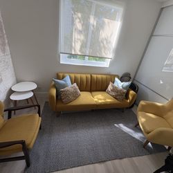 Modern Upholstery Yellow Futon And Two Accent Chairs