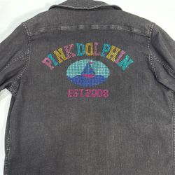 😱Pink Dolphin Vintage Denim Trucker Jacket Unisex M Blue Rhinestone🙈