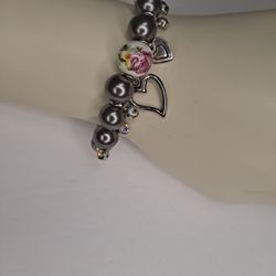 Florat Design Bracelet , Faux White Pearl And Black Metal Beads