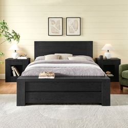 NEW - Queen Size Bed Frame with Storage Headboard Footboard, No Box Spring Needed